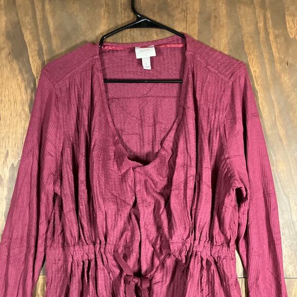 Knox Rose Womens Blouse Burgundy Waist Tie Peplum Long Sleeve Stretch Large - Picture 2 of 12